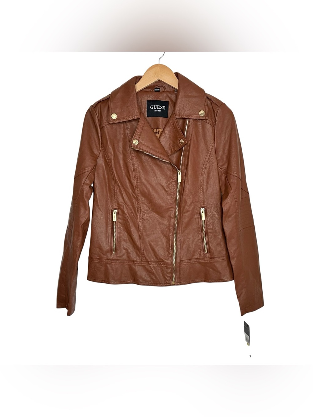 GUESS Womens Faux Leather Moto Jacket Sz Medium Cognac Brown NEW